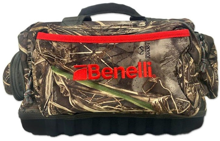Benelli Ducker Blind Bag in Max-7 Camo Pattern. Red Accents with large red Benelli Logo on the side.